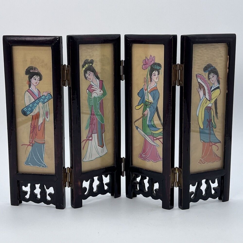 Vtg Asian Miniature Oriental 4 Panel Tabletop ScreenGeisha Insect Garden 7"